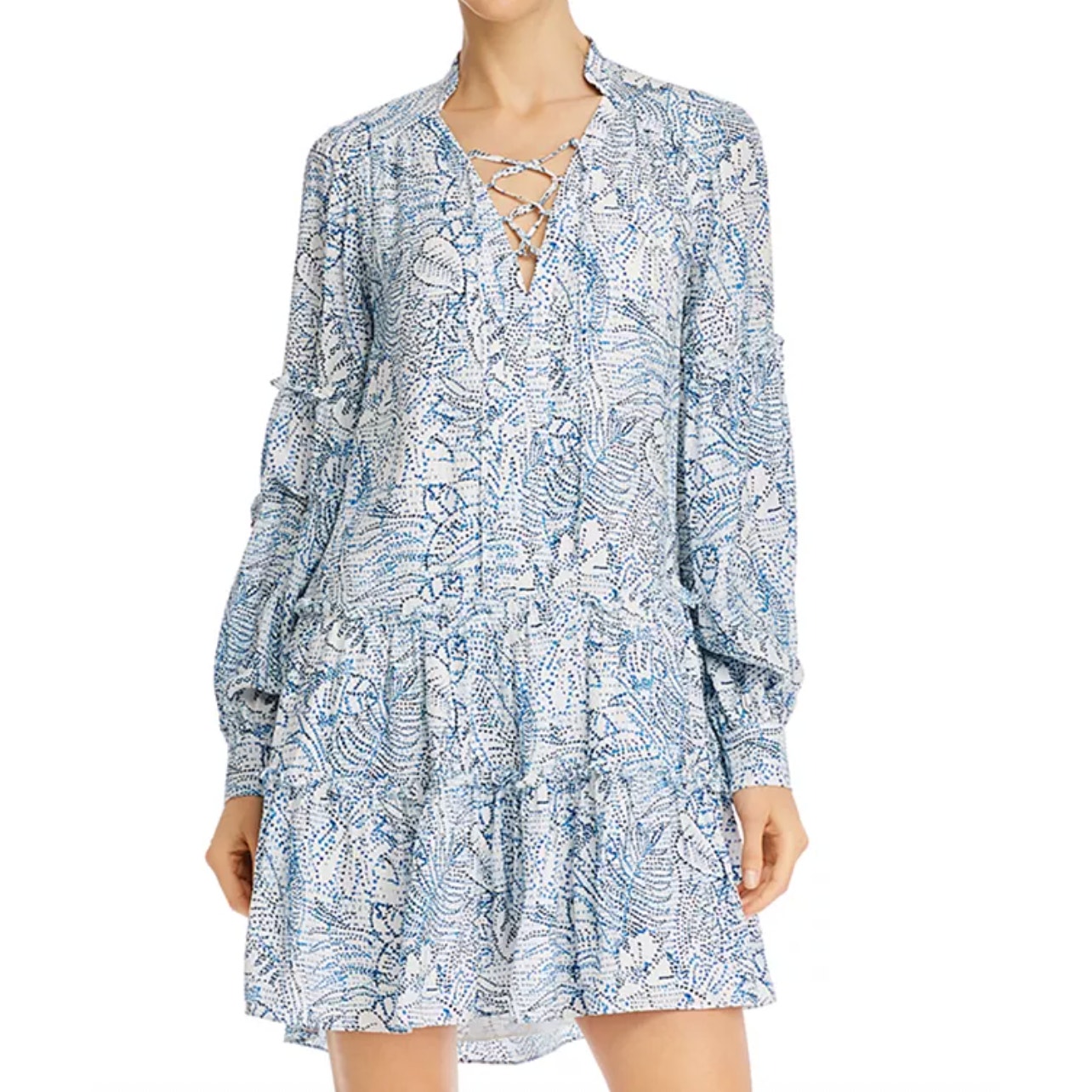 Parker Women's Silk Floral-Print Lace-Up Tiered Mini Dress Long Sleeve Size L