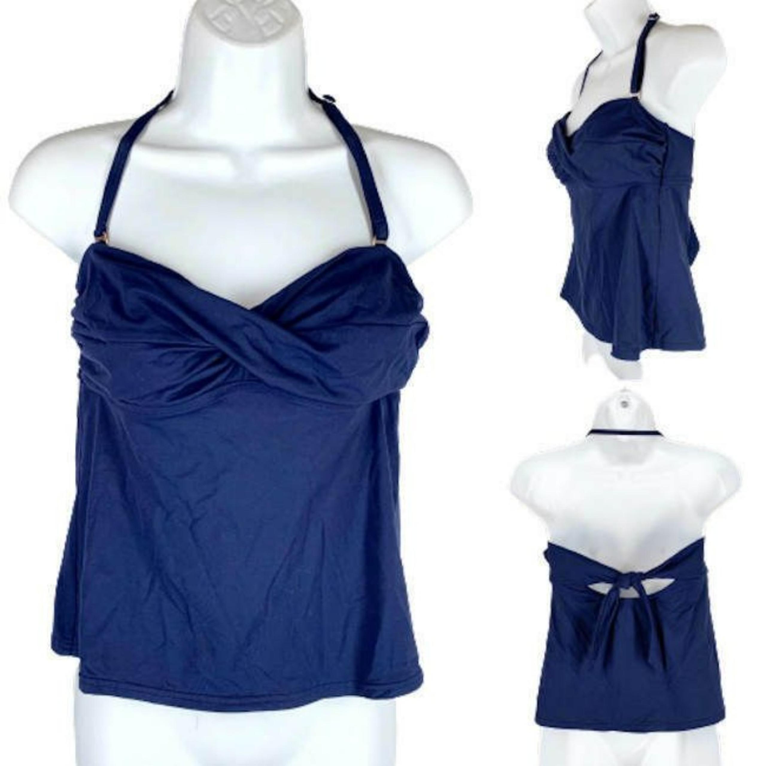 Lands End Tankini Top S Navy Blue Twist Front Strapless or Halter Gathered Solid