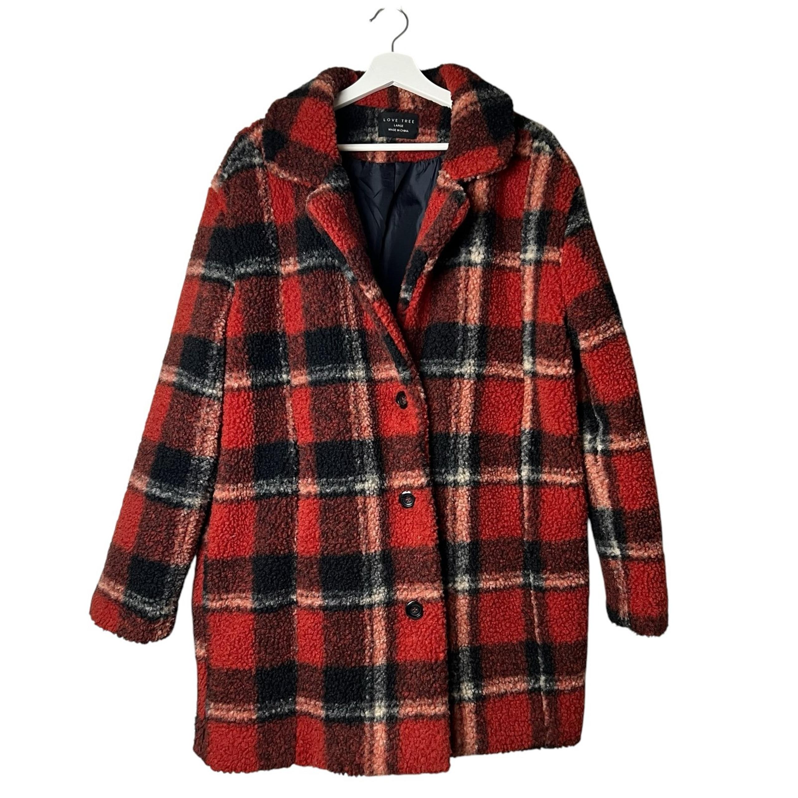 Love Tree Faux Fur Red Plaid Women's Winter Coat Sherpa Fleece Jacket READ SZ L