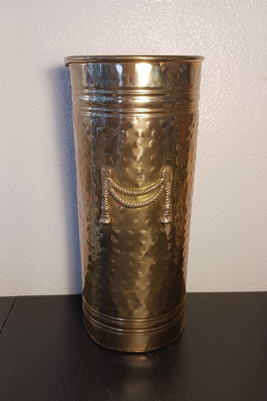 Vintage Solid Hammered Brass Umbrella Stand Hot Cast Draped Roping 15.5 x6.5