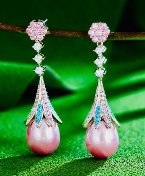 Beautiful pink, pearl,s silver plated cubic, zirconia earrings show stoppers!!