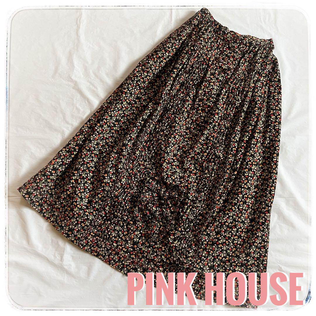 Pink House Long Skirt, Floral Print, Ribbon, Front Buttons