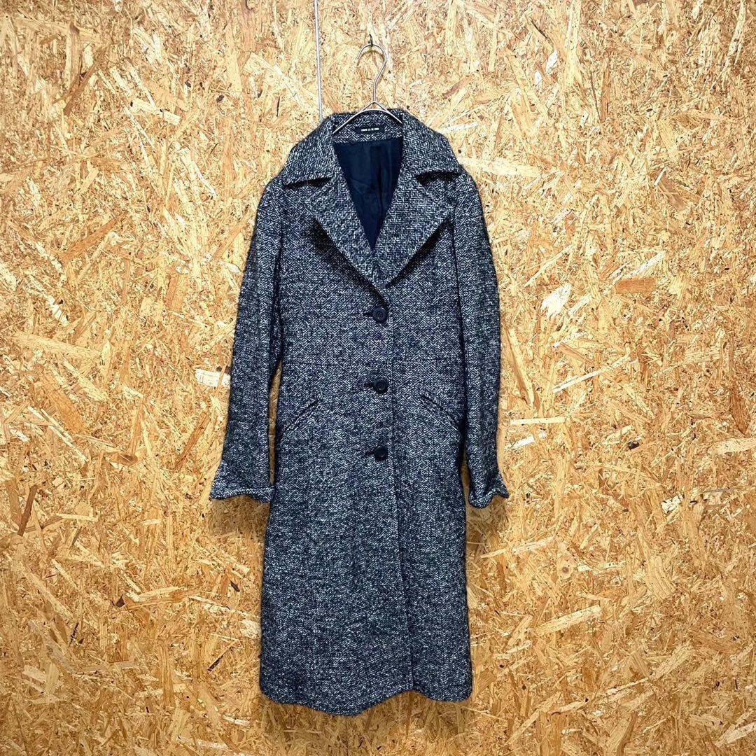 COMMECADUMODE Tweed Long Coat with Slit, Black