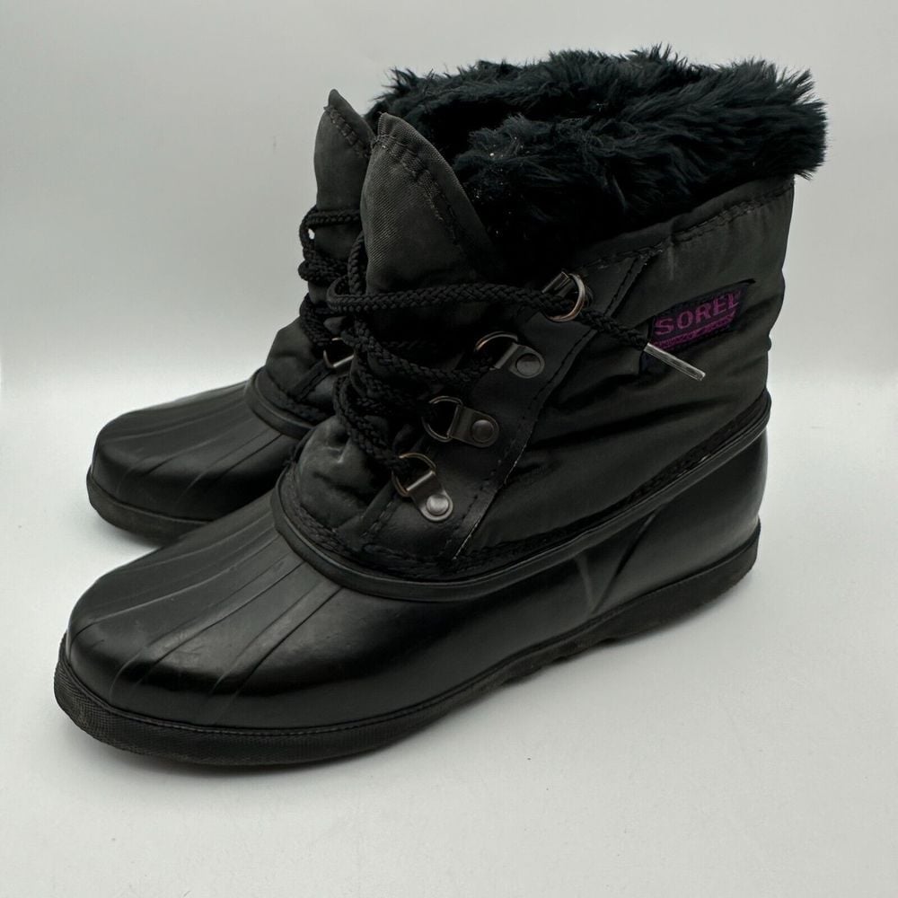 Sorel Kaufman Ankle Snow Boots Womens 7 Black Fur Trim Lace Up Winter