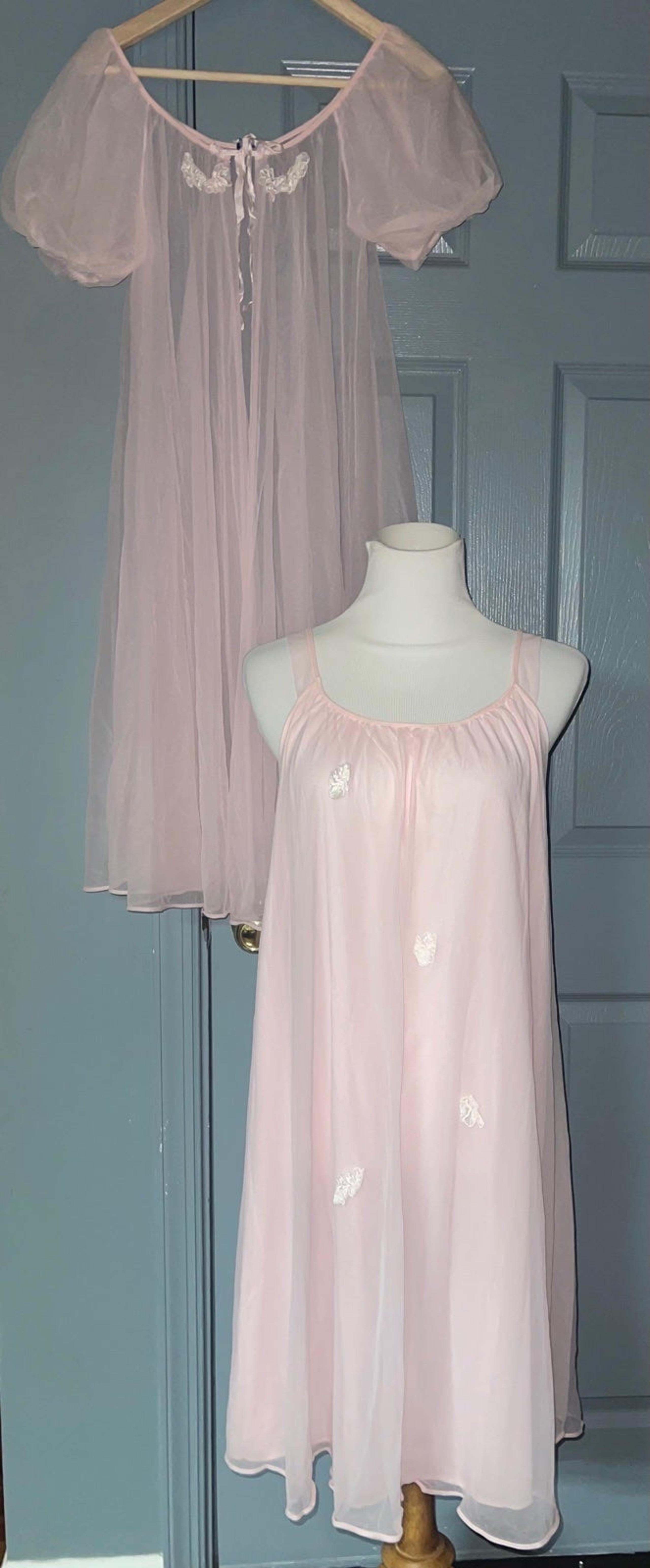 Lucia  vintage nylon pink Lace Trim Robe & nightgown Peignoir Set.