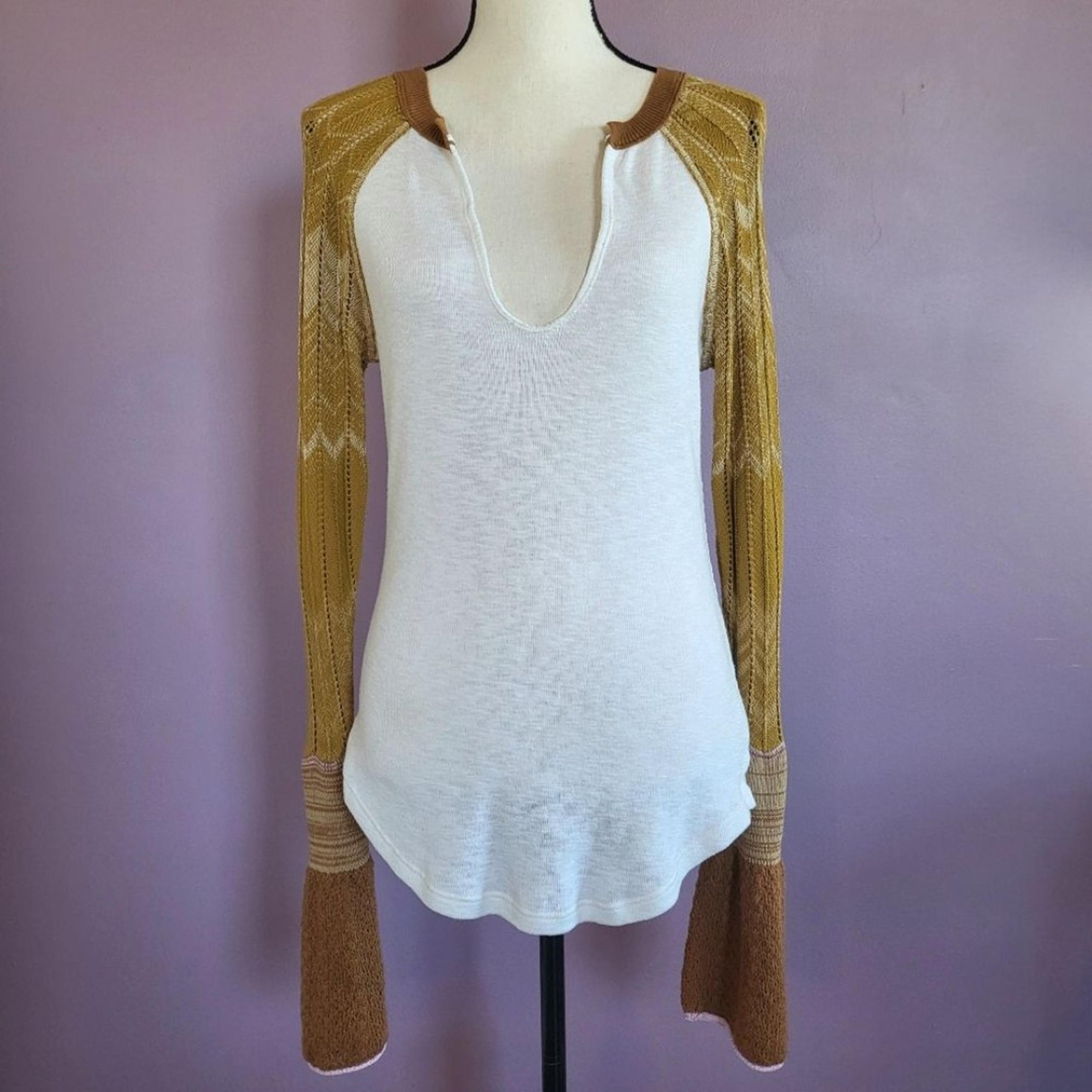 Large Free People We The Free White & Mustard Sunshine Knitted Bell Sleeve Top