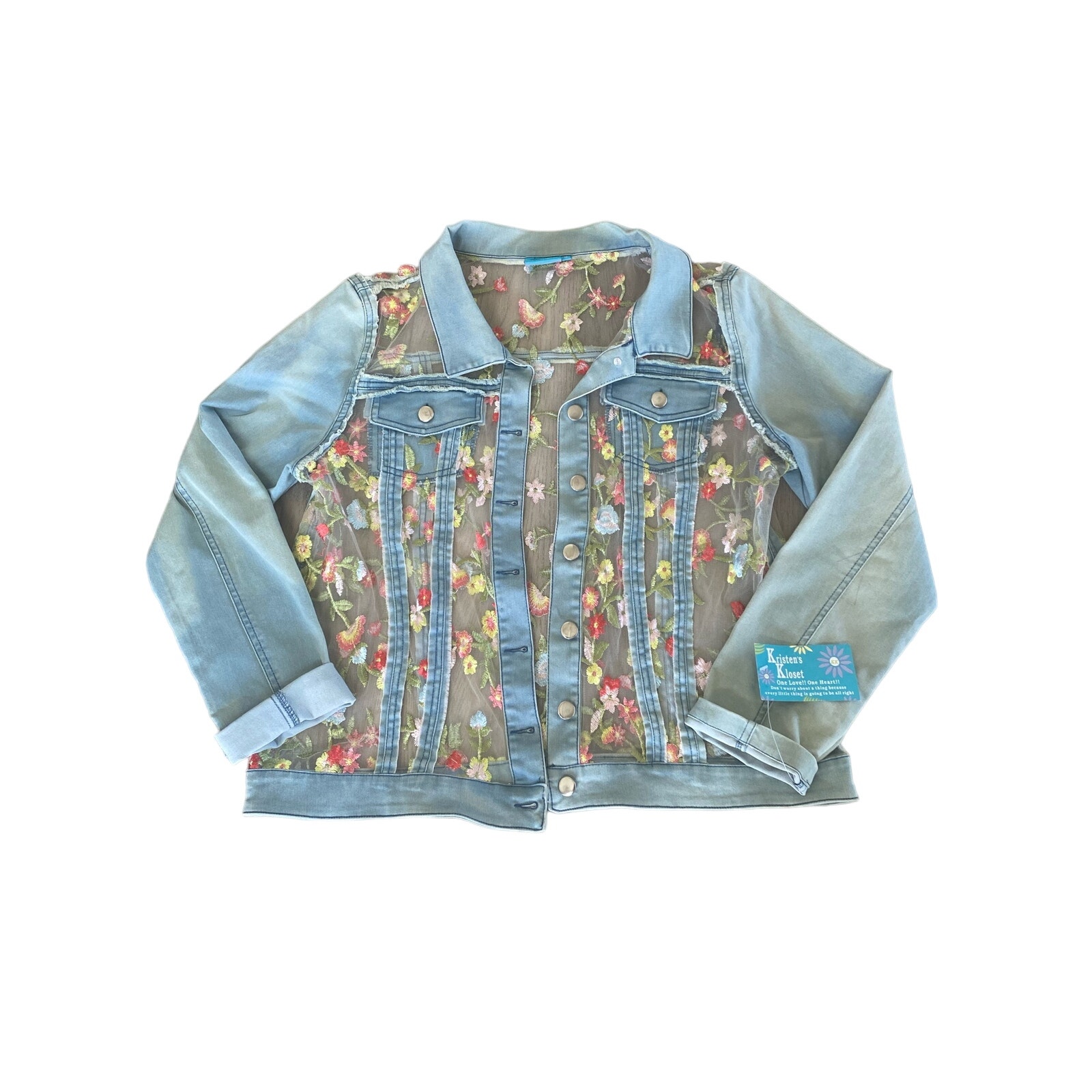 NWT Women’s Denim & Sheer Floral Embroidered Jacket Kristen’s Kloset Medium
