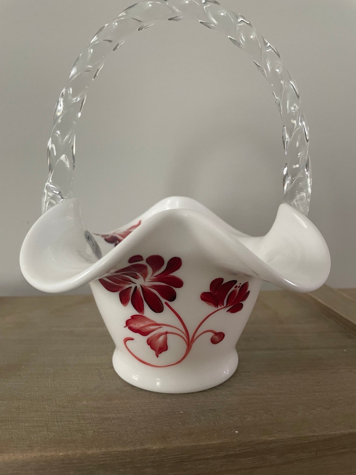 Fenton BASKET Milk Glass Red Flowers Silhouette HP
