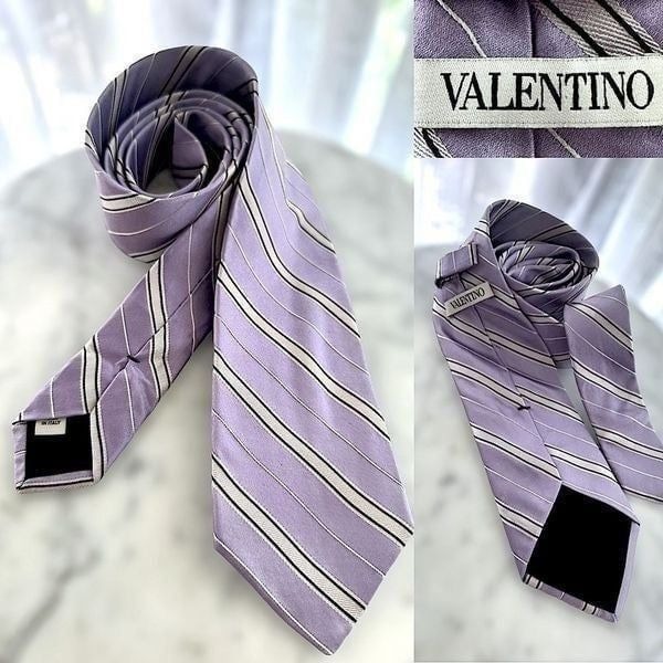 Valentino 100% Silk Purple Lavender & White Tie 3.25” Wide
