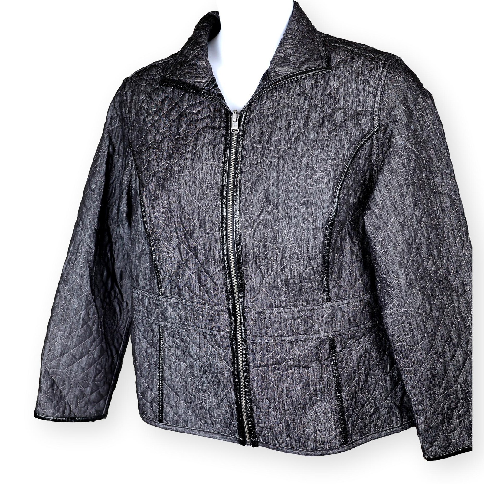 Chico's Charcoal Denim Quilted Zip Up Women's Jacket 16