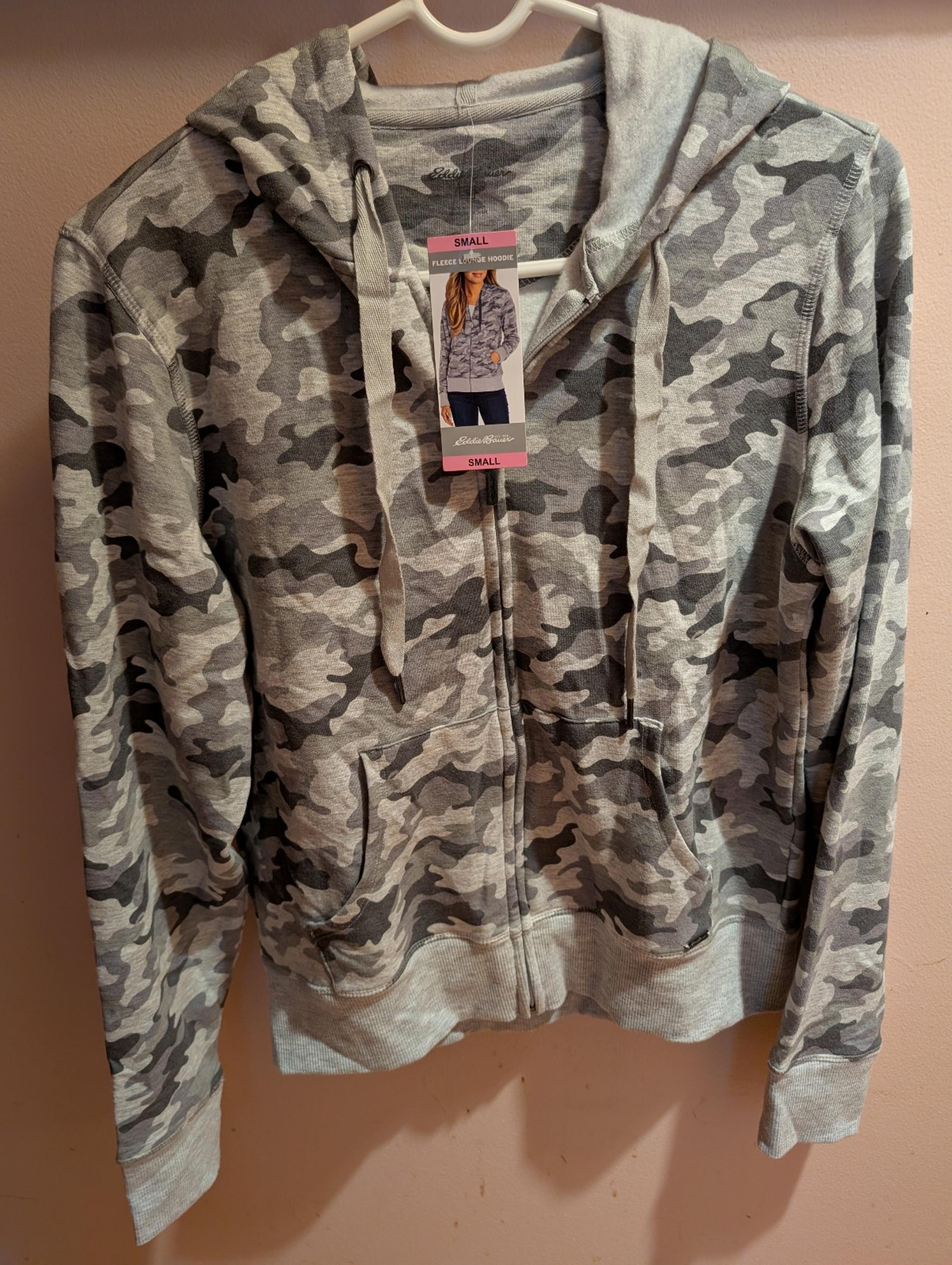 Women's Eddie Bauer Fleece Lounge Hoodie Grey Camo New Full Zip Size S