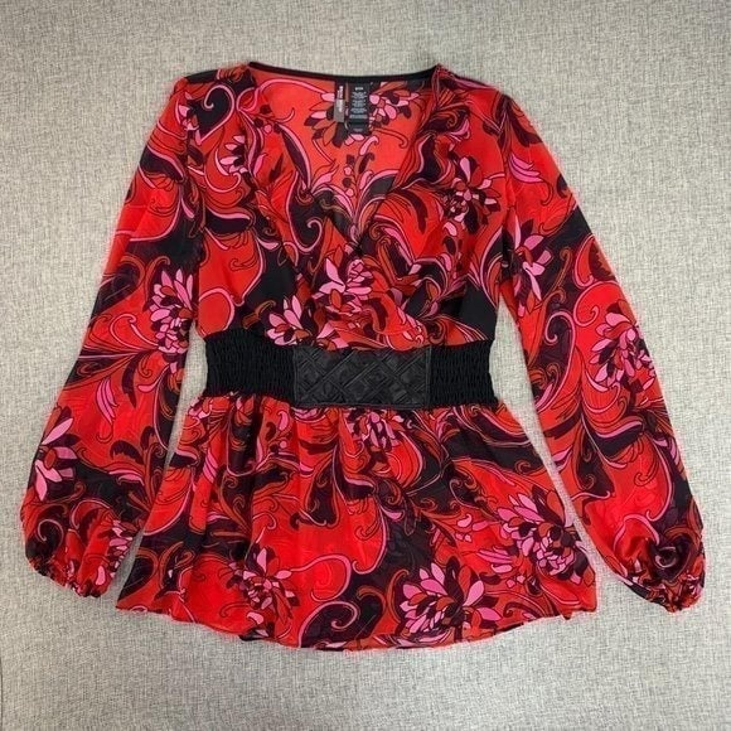 Bisou Bisou Michele Elegant Peplum Blouse Small Ruffle Floral Red Black Pink