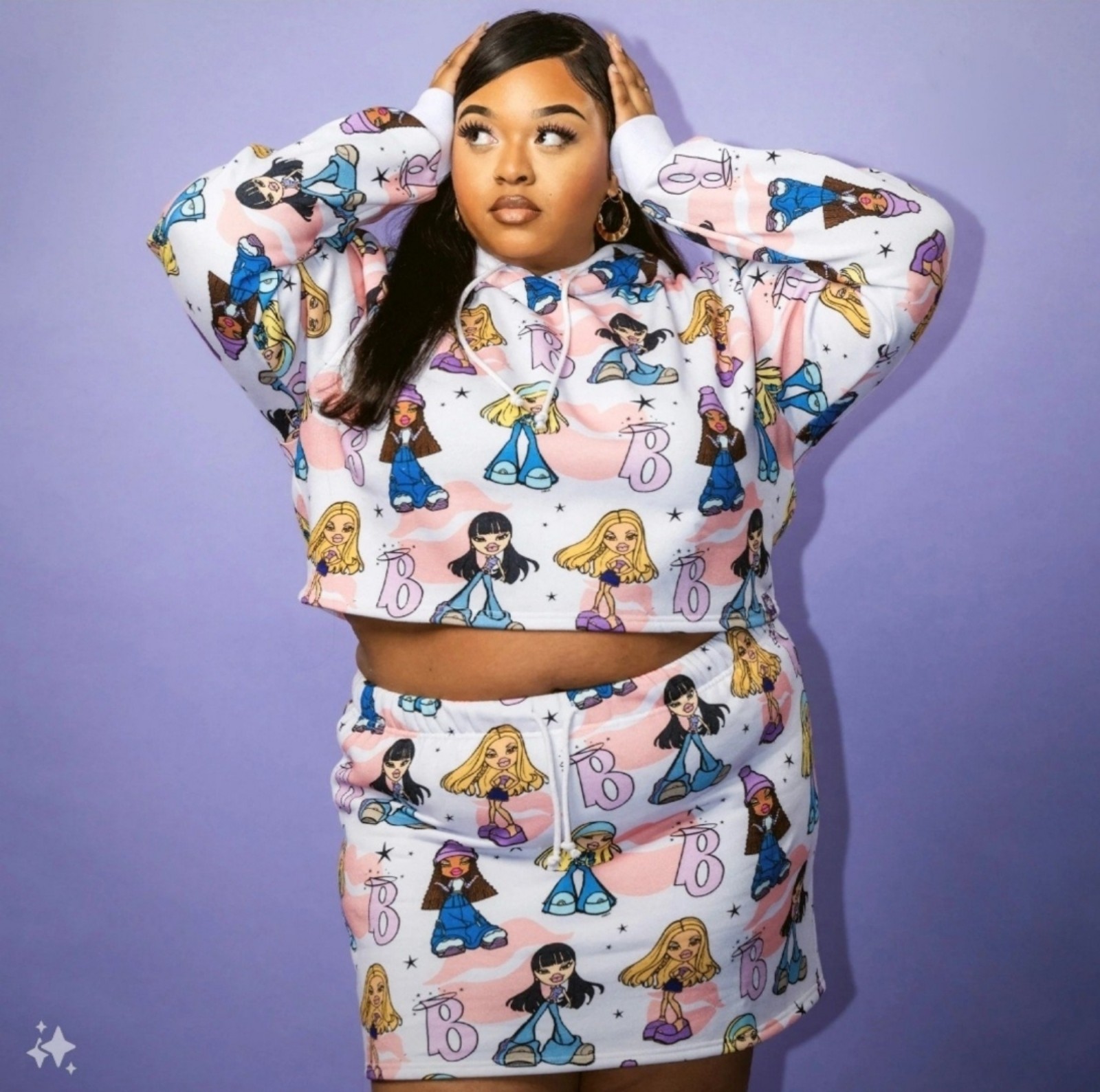 Bratz Print Crop Hoodie and Skirt Set plus size