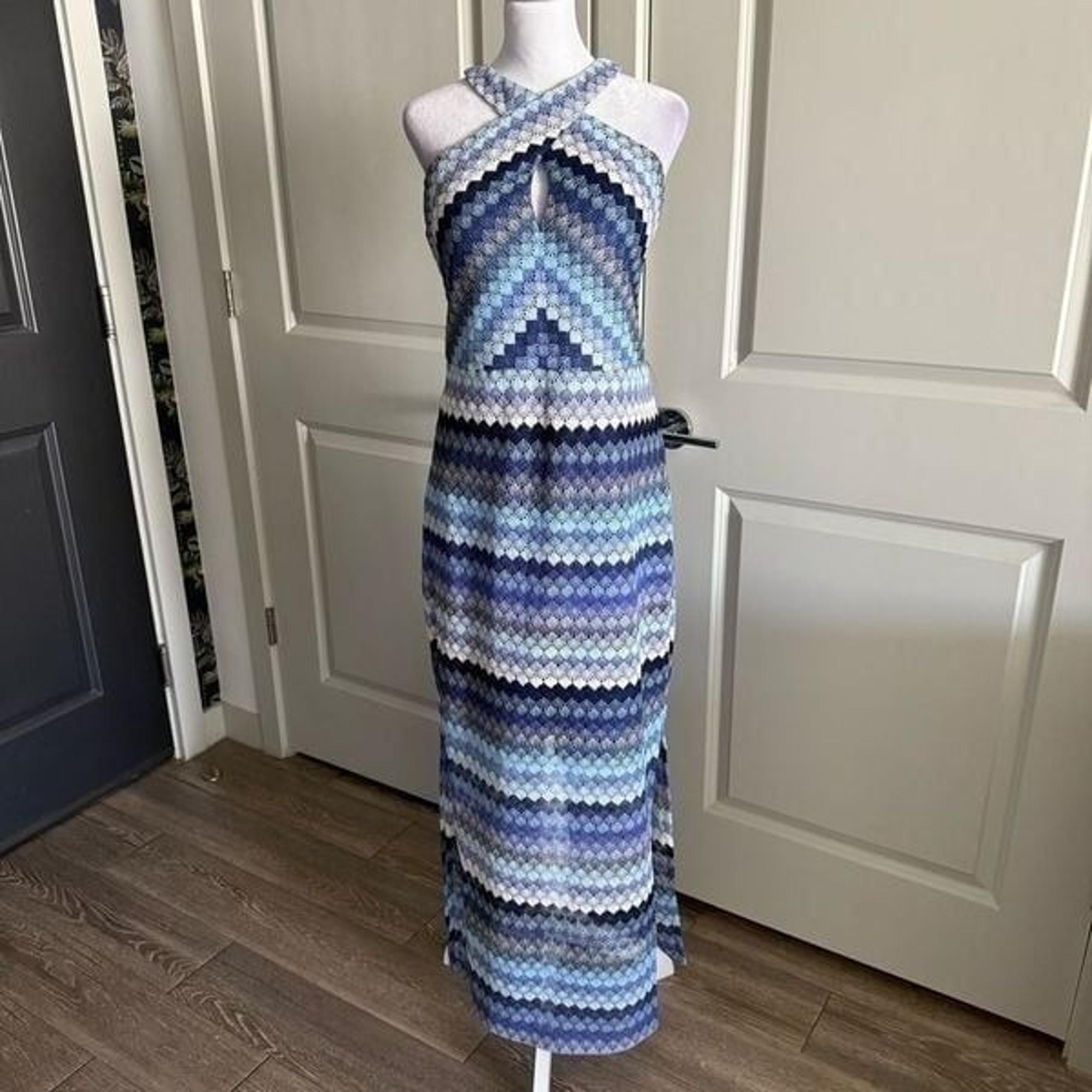 Guess Resortwear Blue Striped Crochet Lace Halter Maxi Dress Size 14