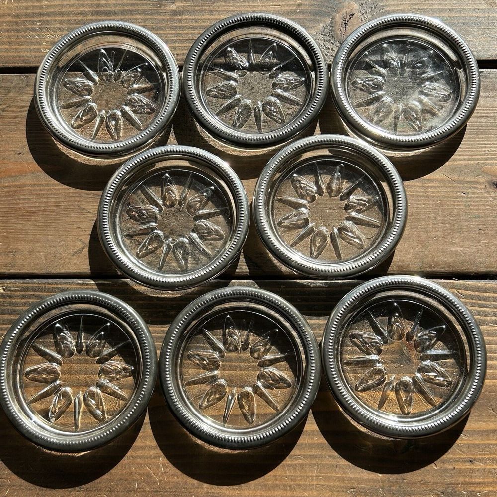 Set of 8 Vintage Glass Coasters Ashtrays Silver Plated Rim Starburst Design