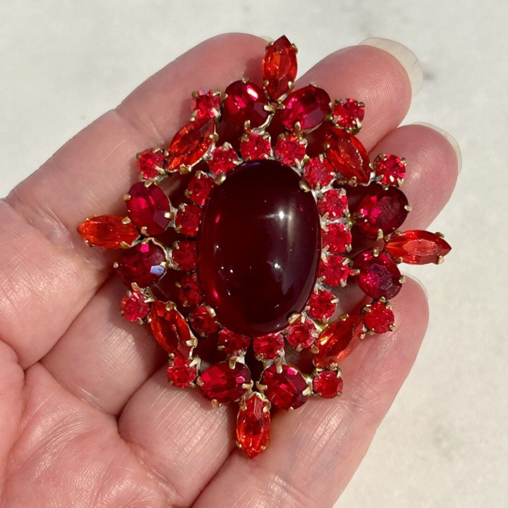 VTG CZECH Estate Brooch Red Glass Rhinestone Huge Cabochon Center Open Back WOW!