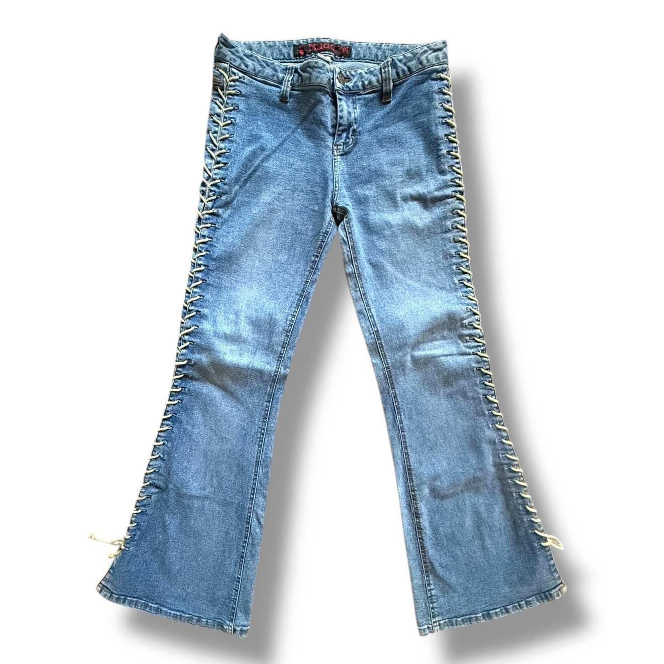 Rare Vintage Y2K Mudd Yo! Lace Up Jeans Low Rise Flare Bell Bottoms Hip Hugger