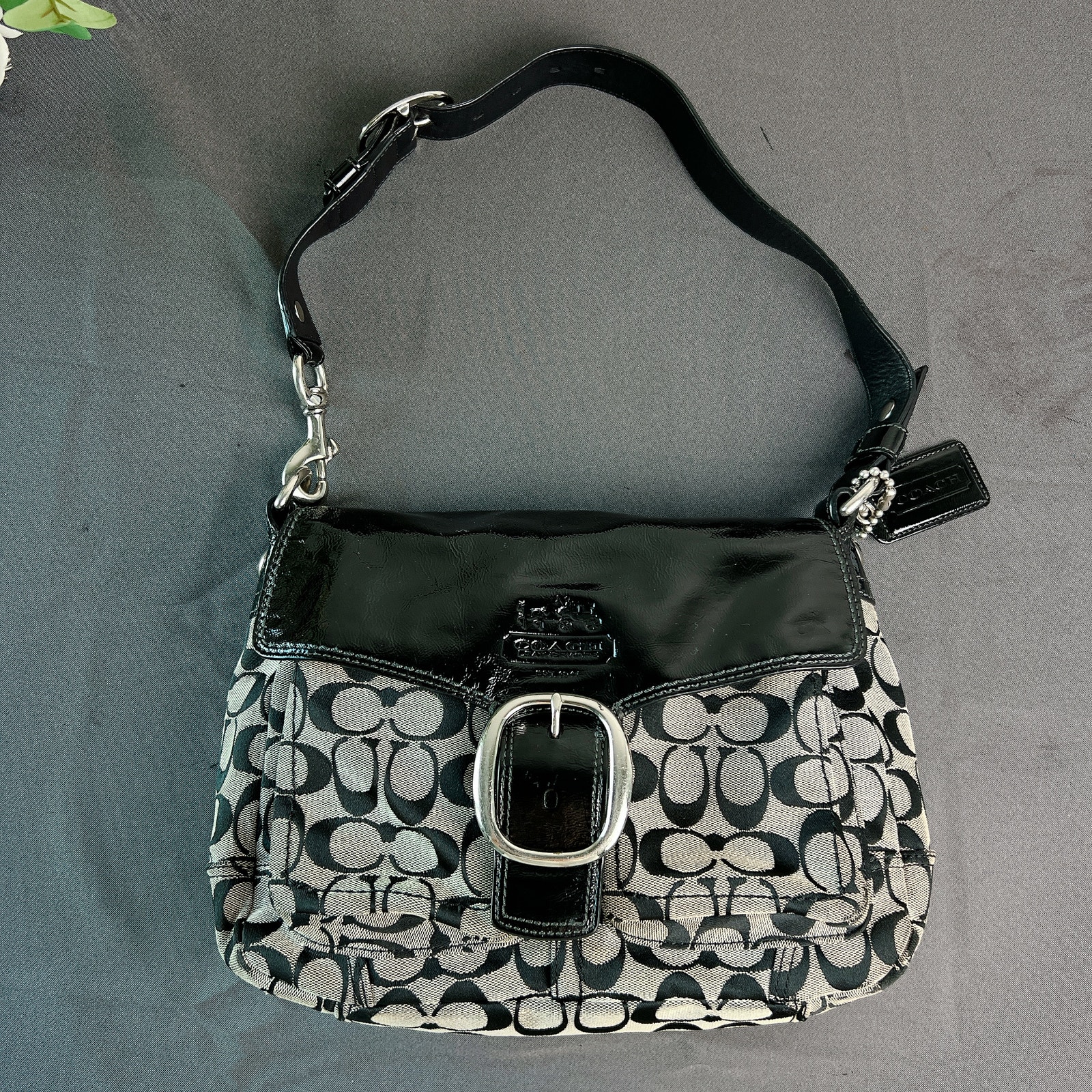 COACH Bleeker 12562 Shoulder Bag Black Patent Leather/Signature Canvas Medium