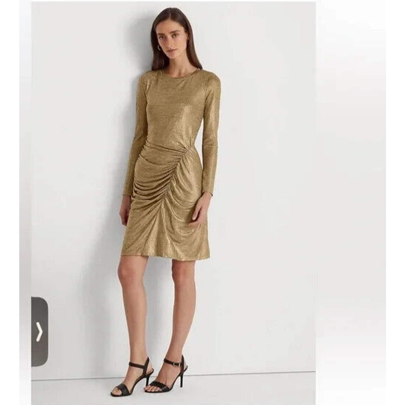 LAUREN RALPH LAUREN - GOLD FOIL LAME SIDE RUCHED LONG SLEEVE DRESS - NWT - SZ 14