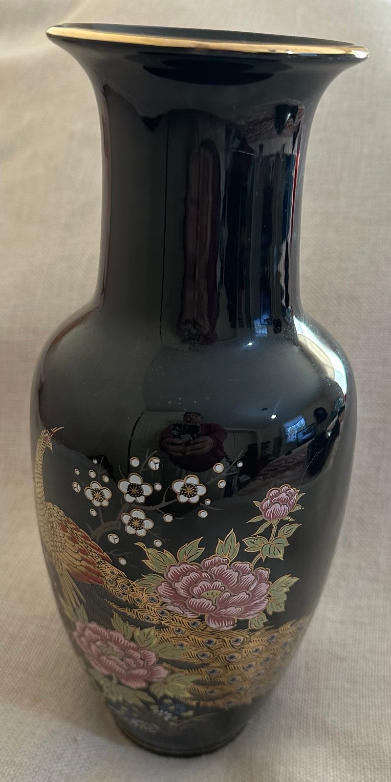 Vintage Japanese Porcelain Vase Hand Painted Etched Cherry Flowers and peacock