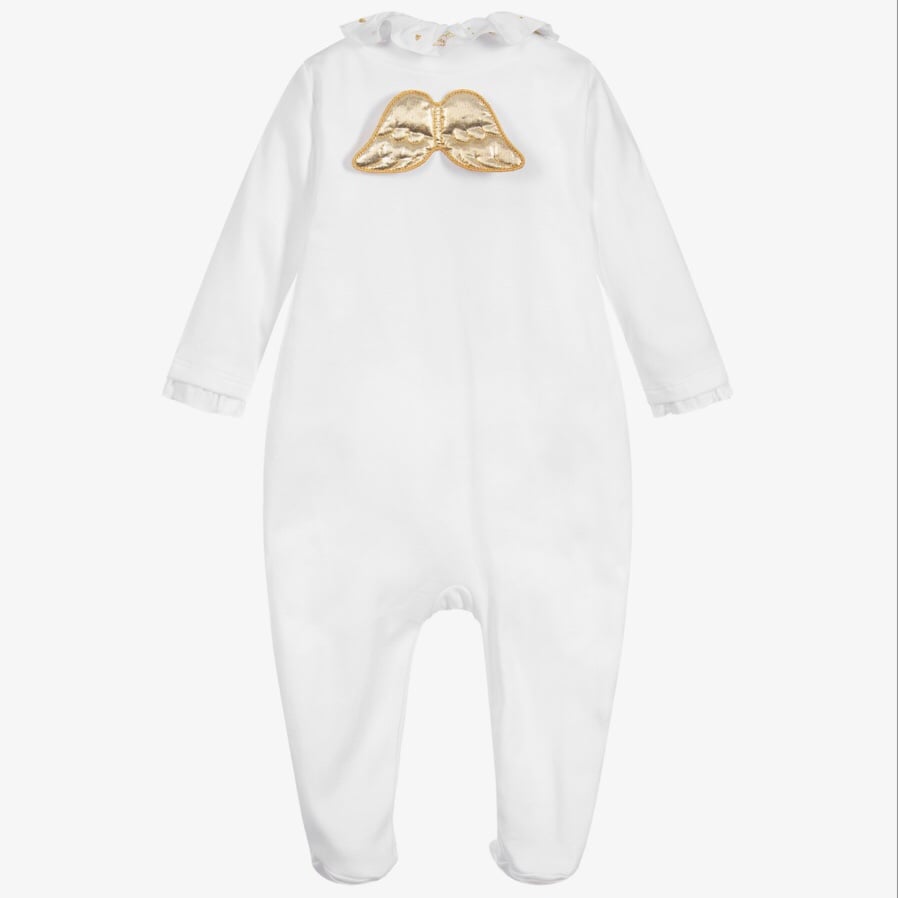 Marie-Chantal Baby Girl Boy Gold Angel Wings Bodysuit One Piece Footie Sz 12 mo