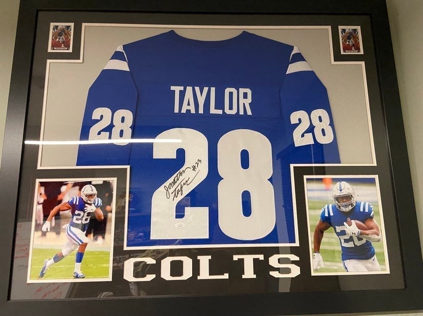 Jonathan Taylor Signed 35x43 Custom Framed Jersey Display (JSA Hologram)