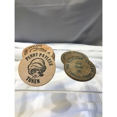 Wooden nickels, tokens, vintage 1960s era advertisement coins, Penny Payless