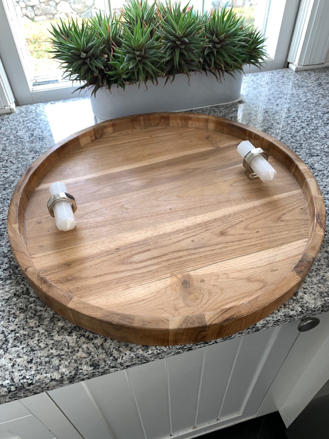 Teak wood tray with crystal handles