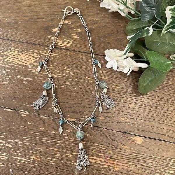 Alex and Ani Vintage Sixty-Six Blue Gemstone Tassel Paper Clip Necklace