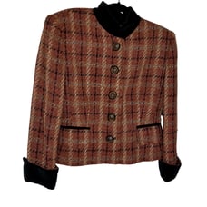 Louis Feraud Womens Jacket Wool Velvet Trim Plaid Jacket Blazer Size 12 Vtg