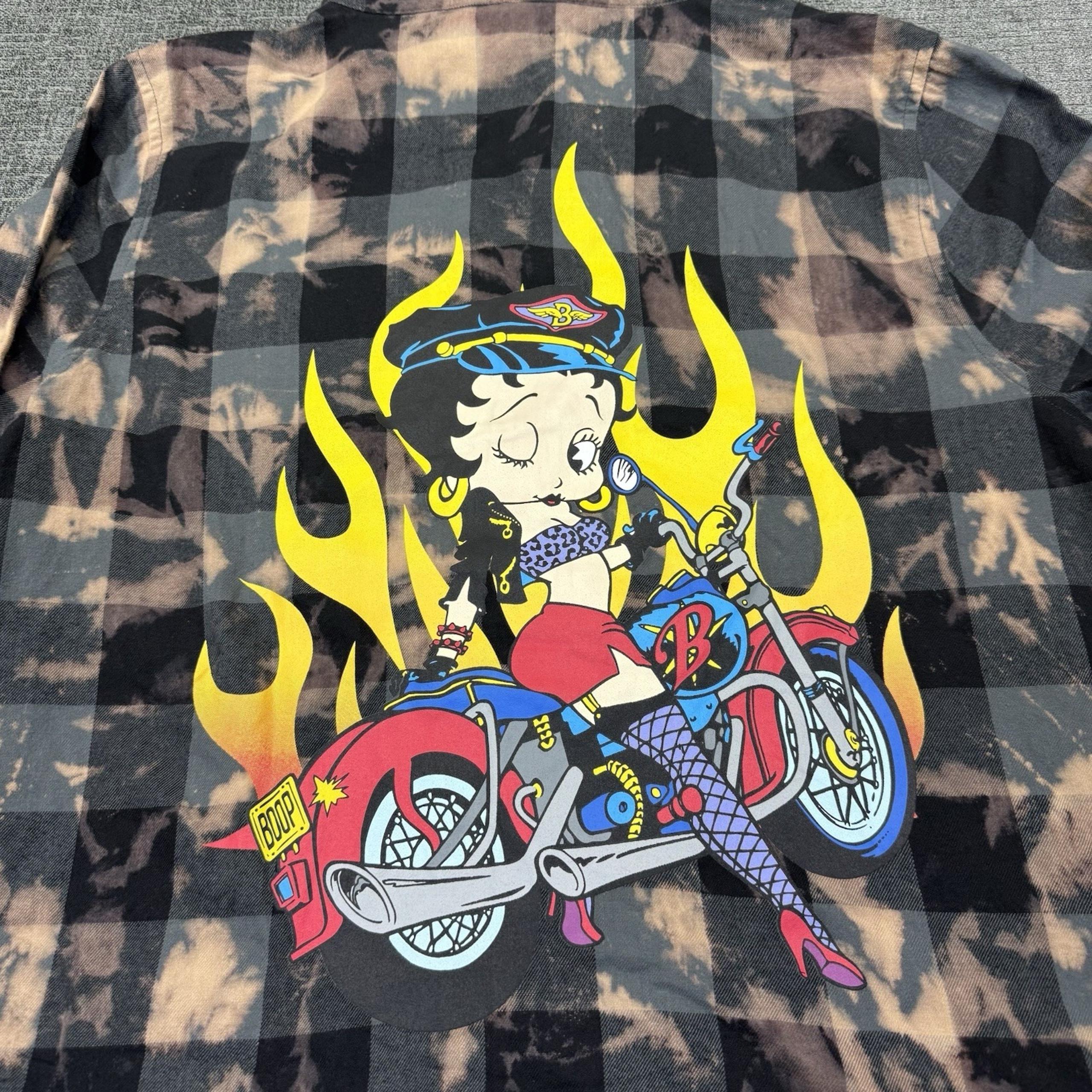 Betty Boop Plaid Bleach Tie Dyed Graphic Flannel Shirt Women's Size XL New