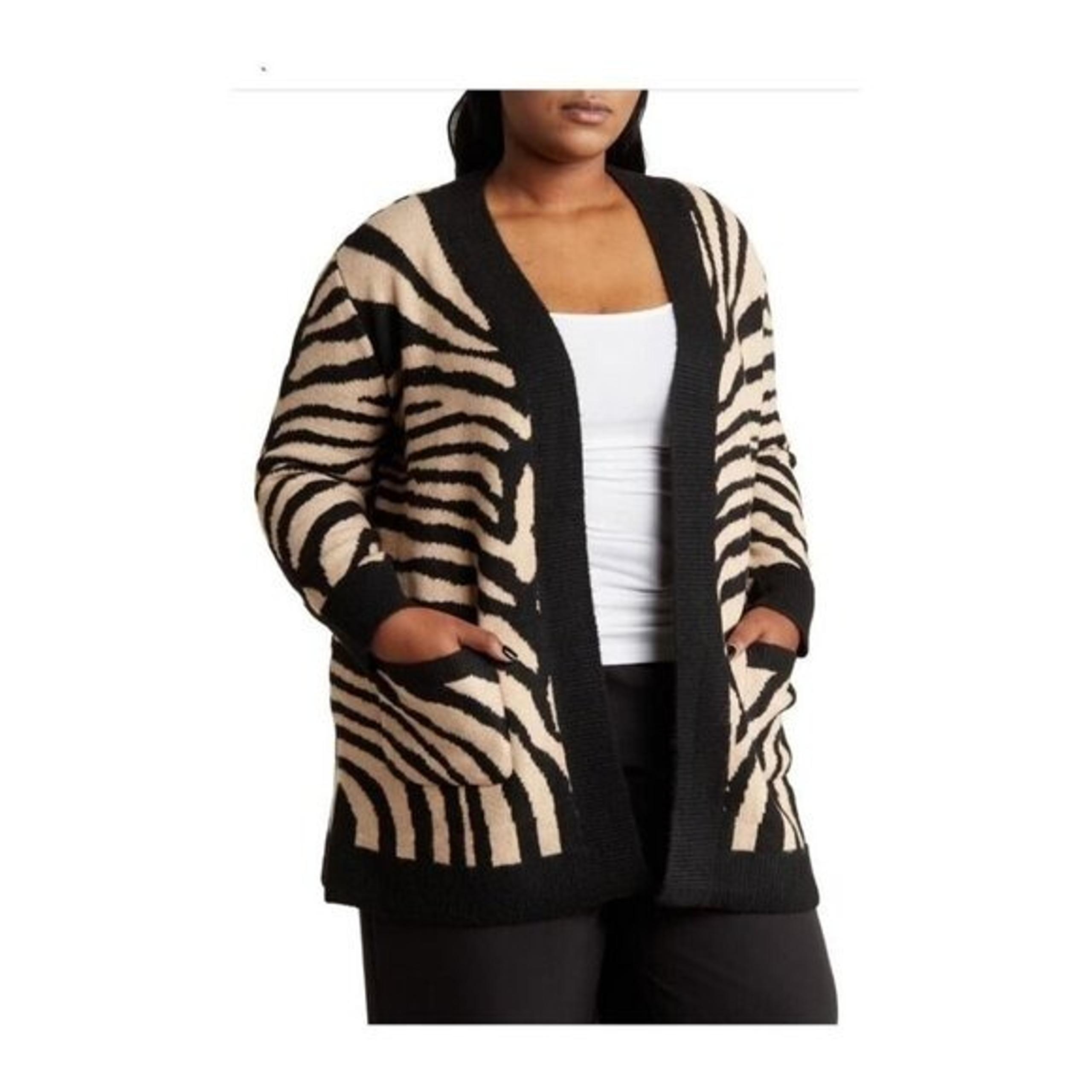 Tahari Womens Black Tan Zebra Cocoon Long Cardigan Sweater Plus Sz 1X NWT