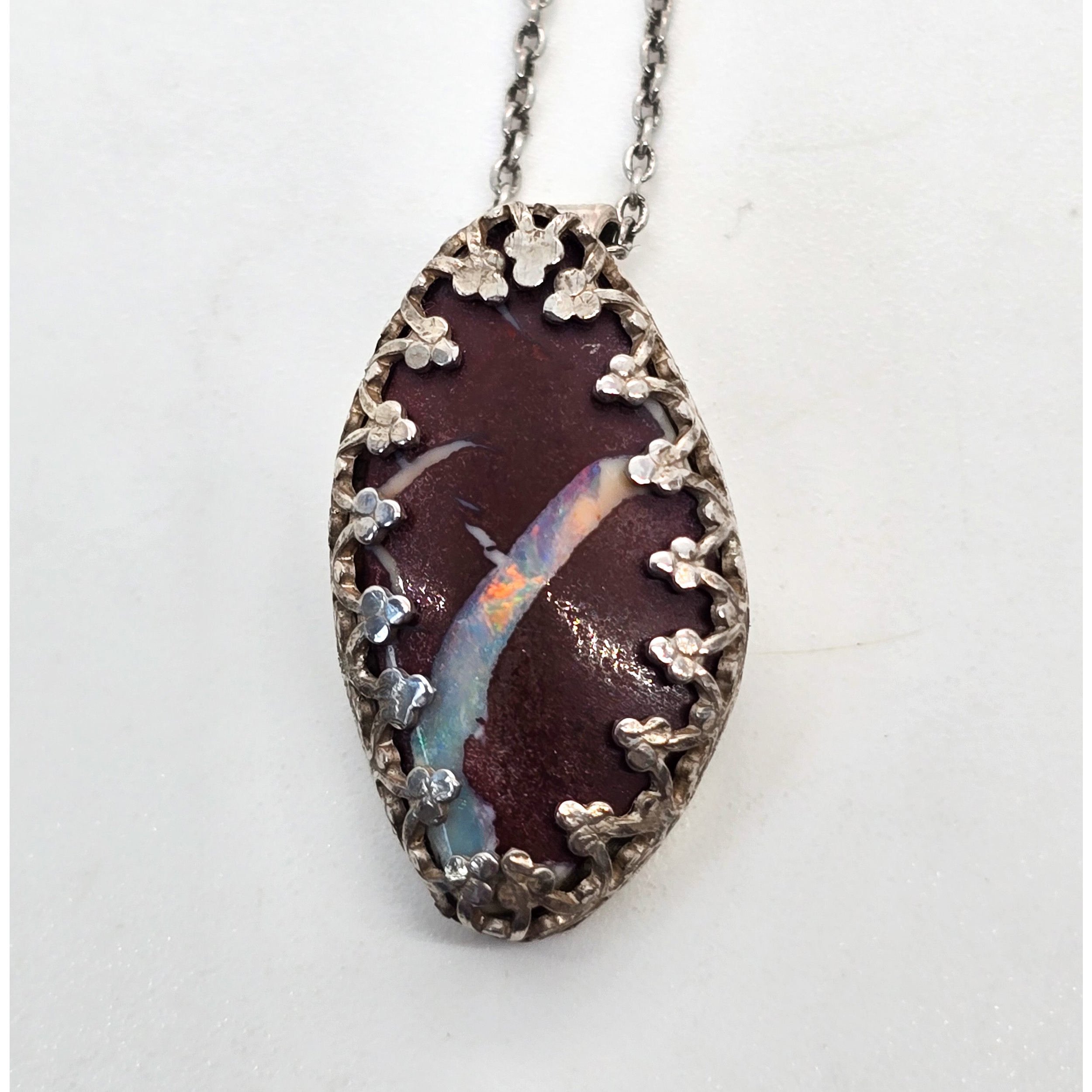 Boulder Opal hand crafted vintage sterling silver gemstone necklace