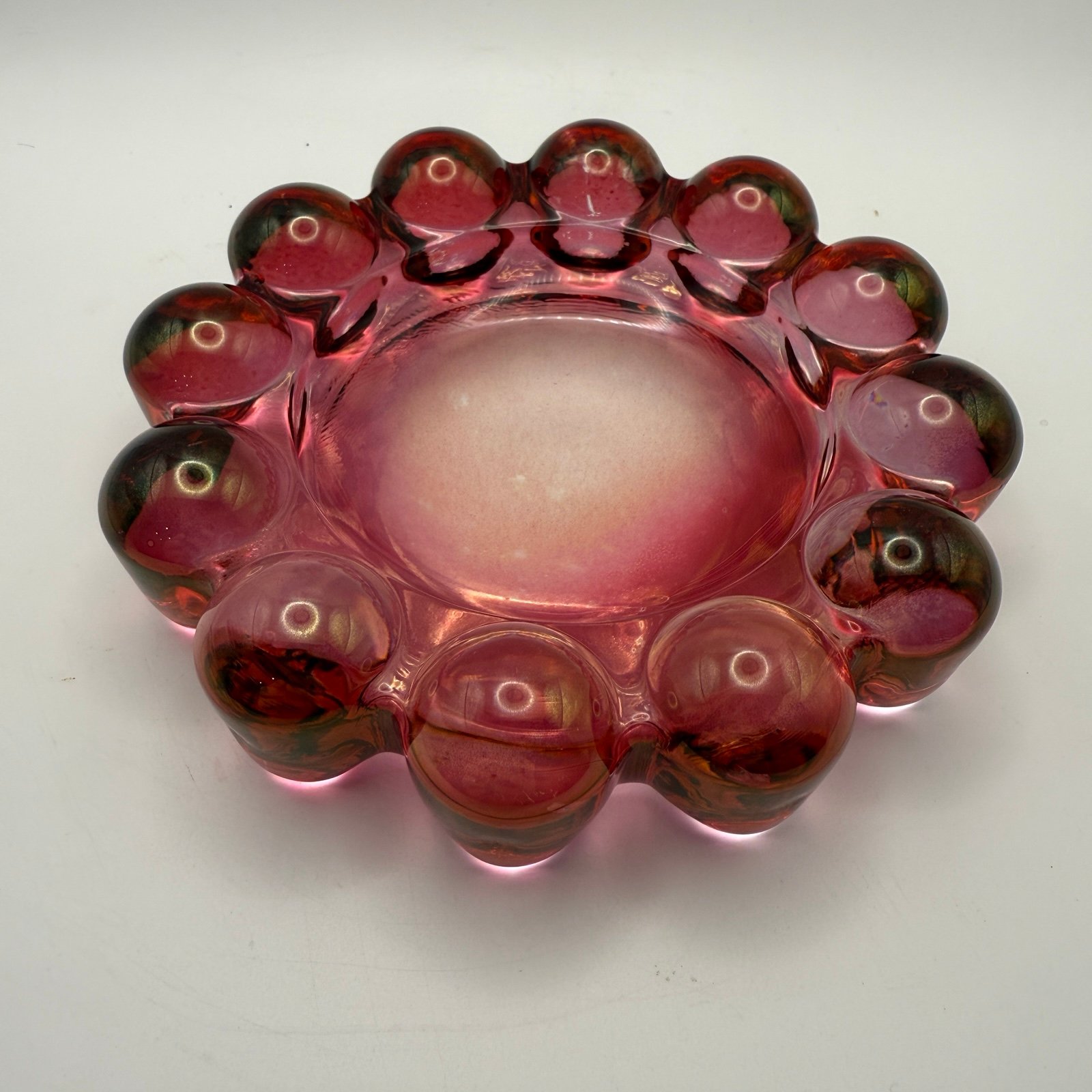Vintage Boopie Bubble Glass Ashtray Trinket Dish Nova Pattern Cranberry Pink MCM