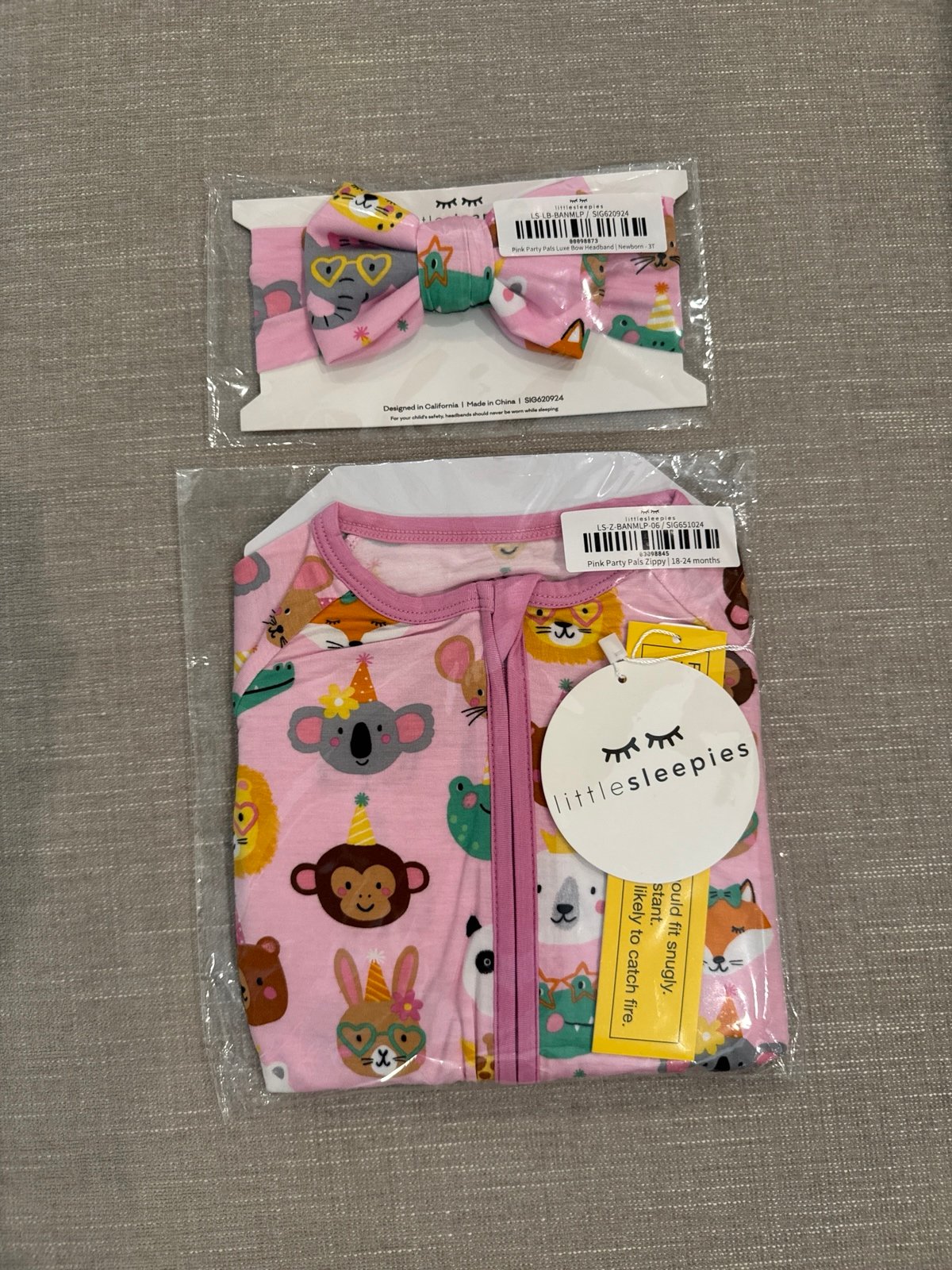Little Sleepies Pink Party Pals Zippy 18-24 months & Luxe Bow Headband