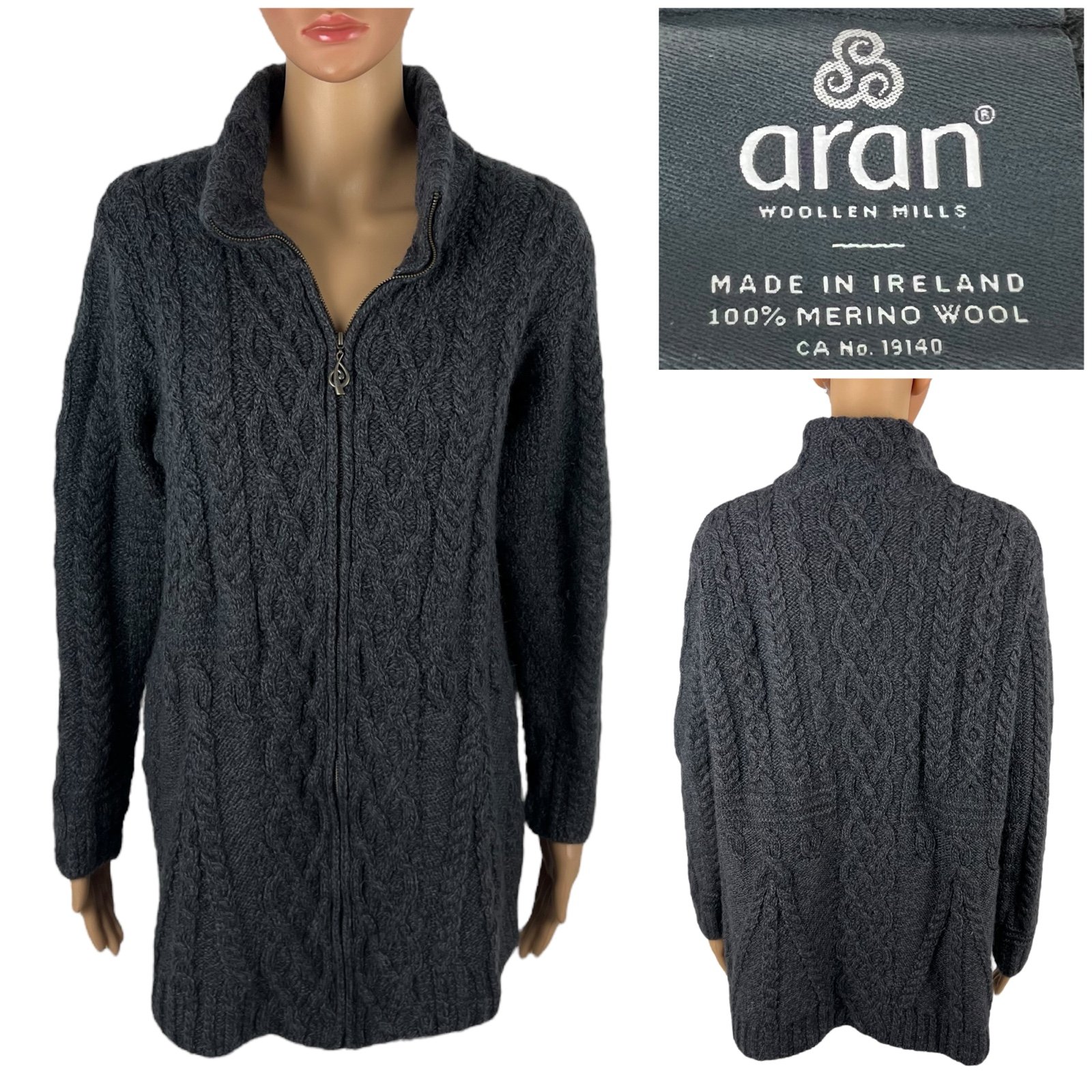 Aran Woolen Mills Womens XL Cardigan Sweater 100% Merino Wool Knit Full Zip Gray