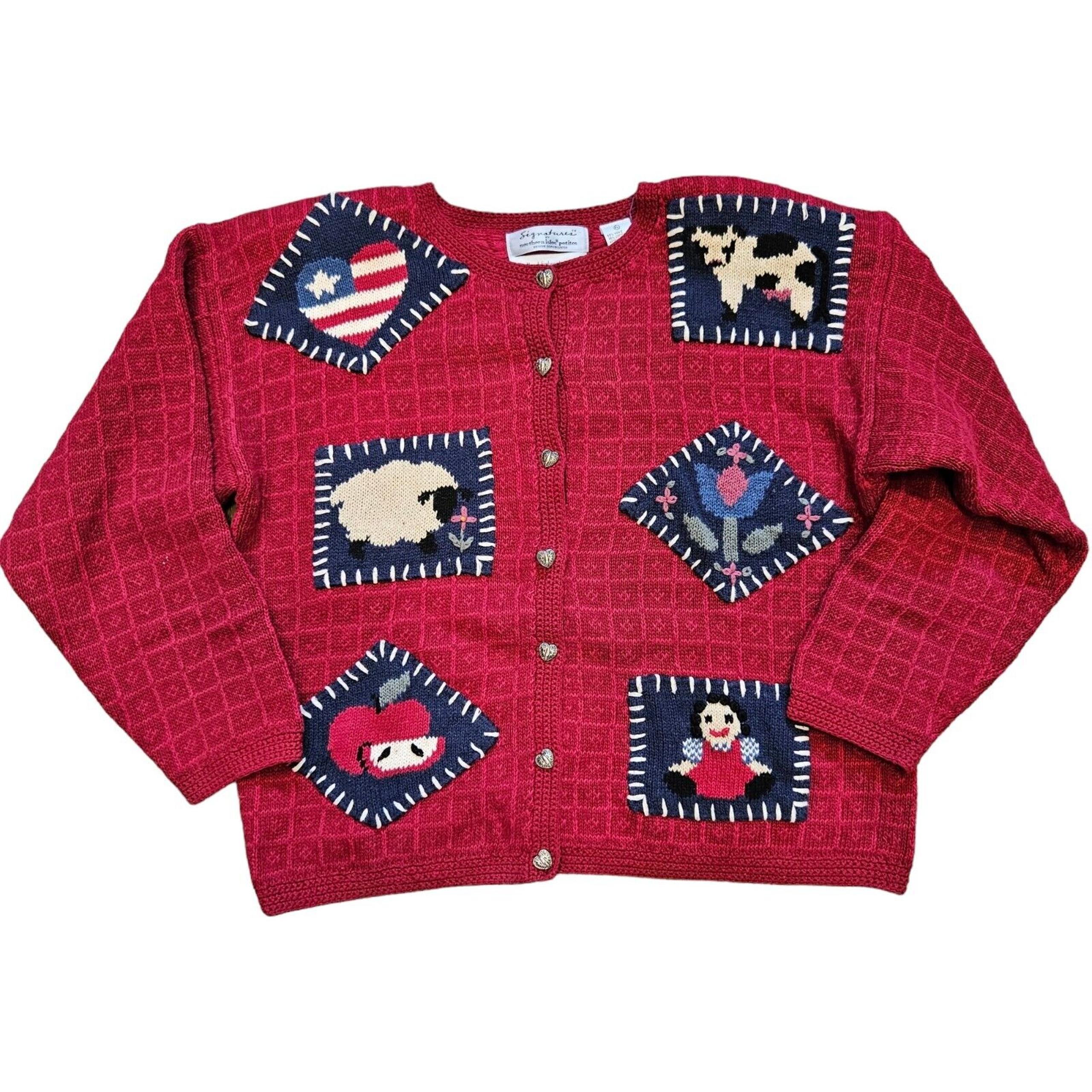Vtg Northern Isles Cardigan Sweater Womens PL Sheep Cow Cottage Rustic Teacher