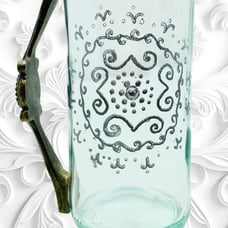 Silver Gem and Ornate Beer Mug Steel Handle Hand Etched Design 22 ounces