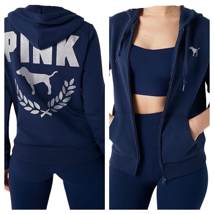 Victoria Secret Pink Women's Full Zip Graphic Navy Blue Fleece Hoodie Size Large