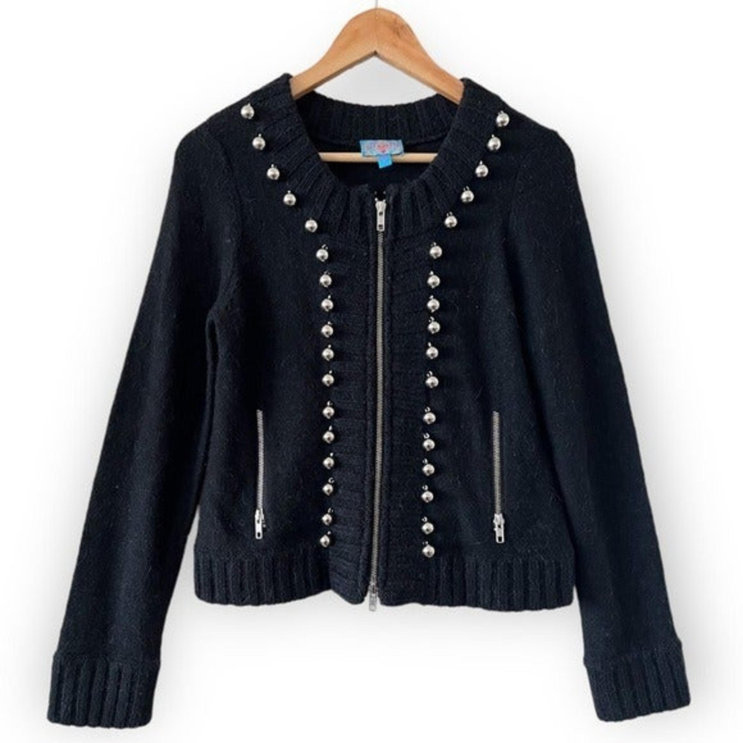 PLENTY By Tracy Reese Black Wool Alpaca Blend Silver Embellished Zip Cardigan S