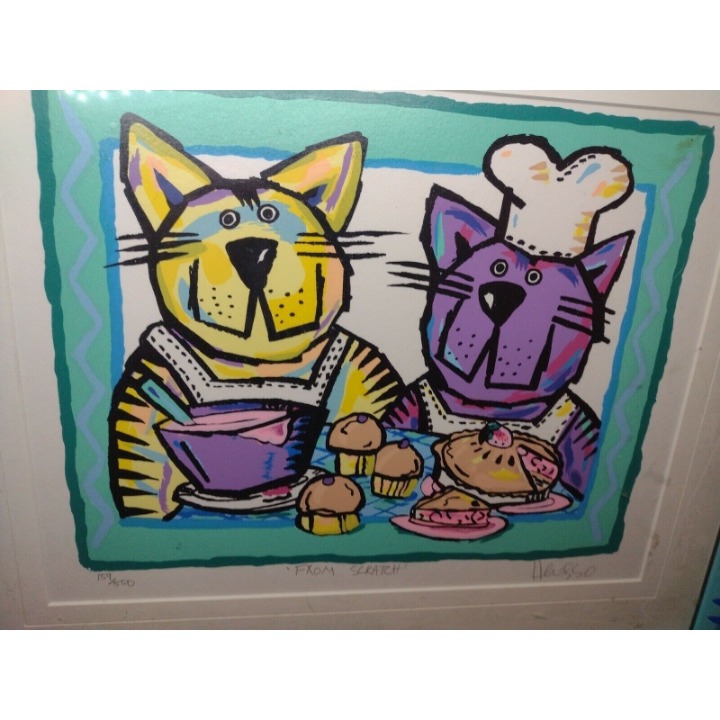 Cat Cartoon Kids Art blues Framed Signed # Print Bakery Muffin