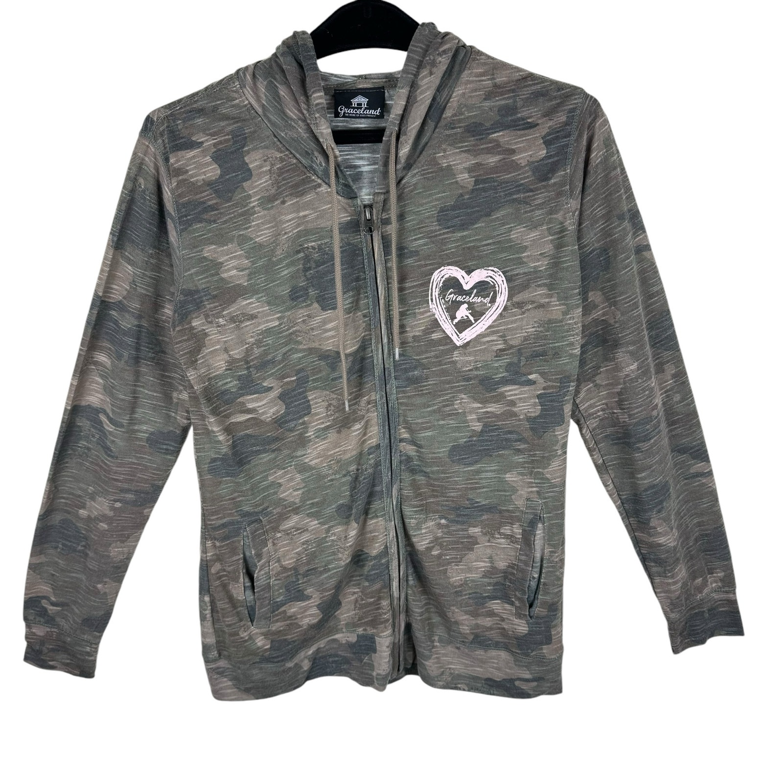 Graceland Home Of Elvis Lightweight Zip Up Hooded Green Camo Long Sleeve Size L