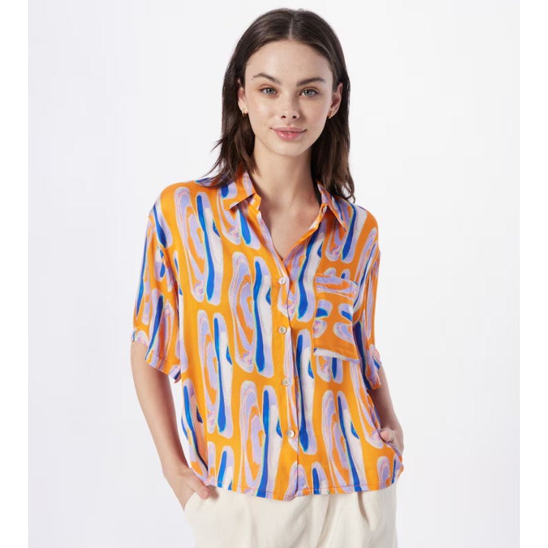 FRNCH Paris Women's size Medium Orange Blue Short Sleeve Button Down Shirt