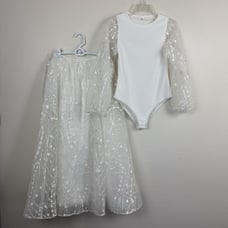 Lulus Wedding 2 Piece Bridal Skirt And Bodysuit Embroidered Tulle Sheer White M