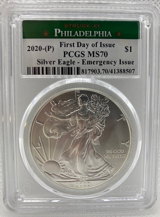 2020 P 1 oz Silver Eagle - PCGS MS70 - FDOI - Emergency Issue - SAP Green Label