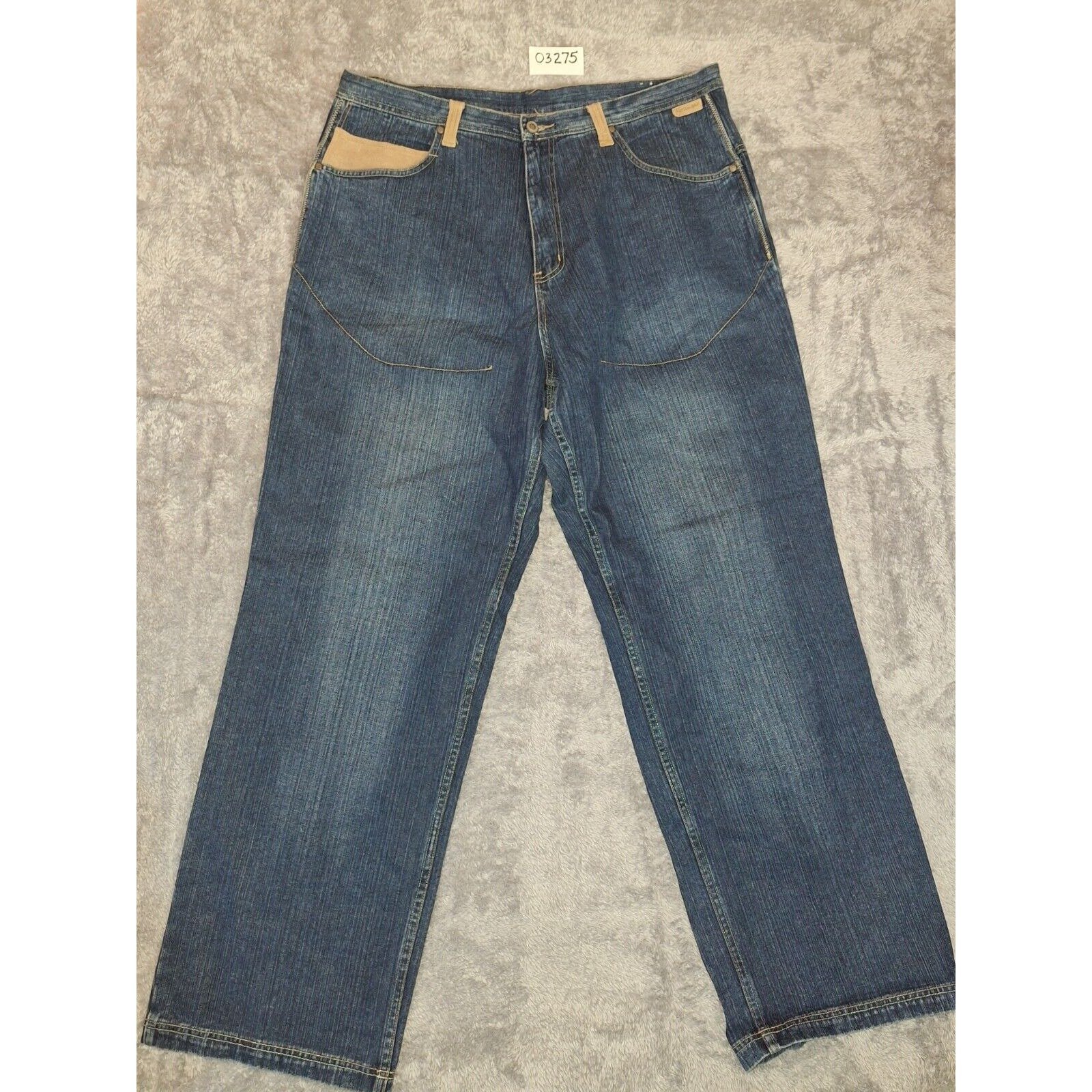 Vintage Rocawear Men's Denim Jeans Y2K RARE Leather Trim Pockets 40 Baggy HipHop