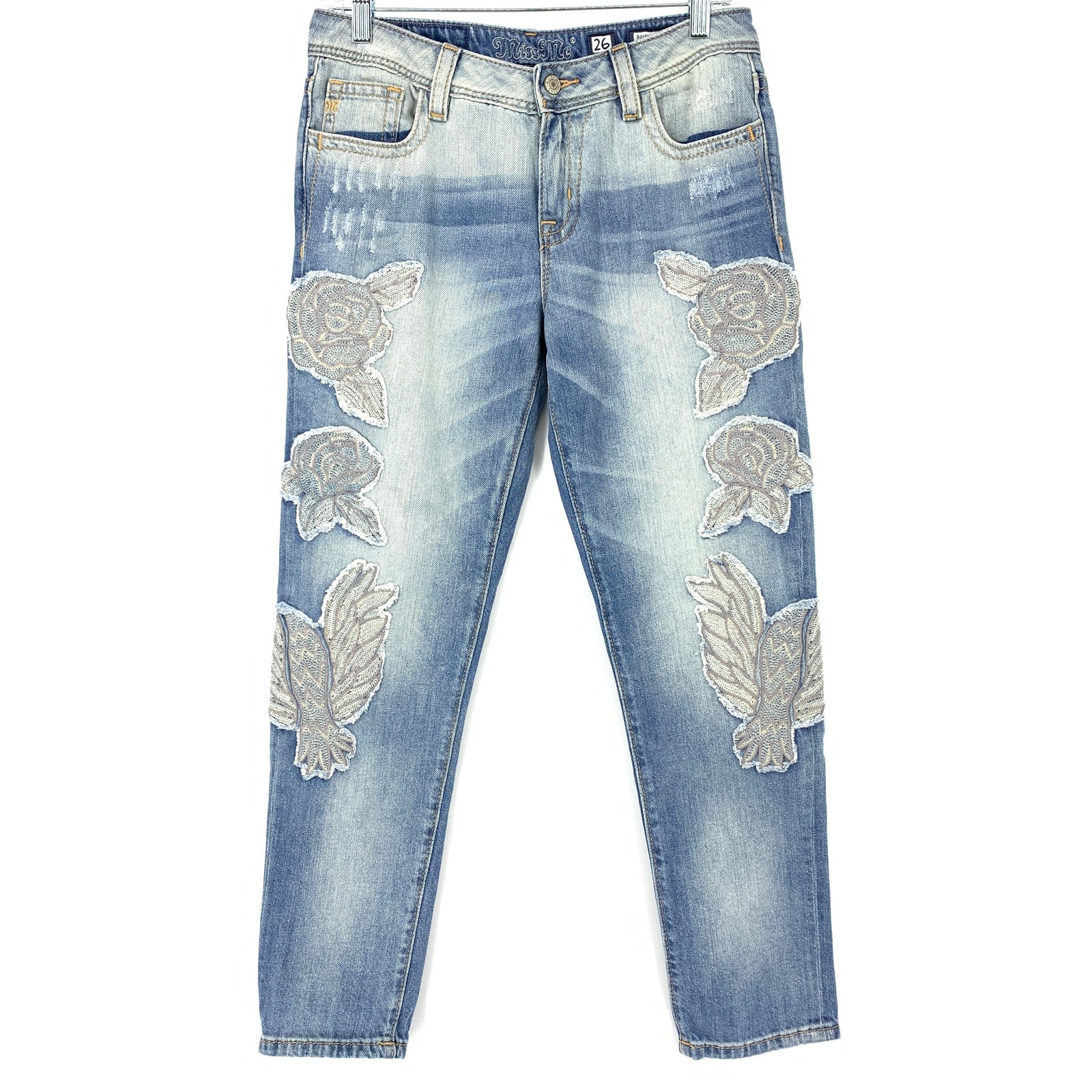 Miss Me Jeans Women's Size 26 Embroidered Boyfriend Ankle Denim Mid Rise Blue