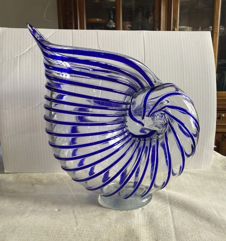Blown Art Glass Nautilus Shell Vase Clear Blue Striped Cornicopia Murano Style