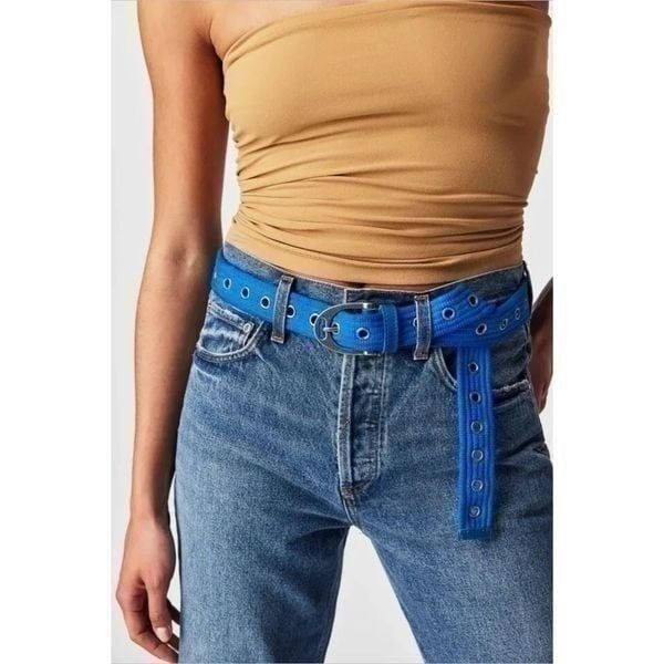 NWT Free People Avril Grommet Leather Woven Extra-Long Belt in Cobalt Blue S/M