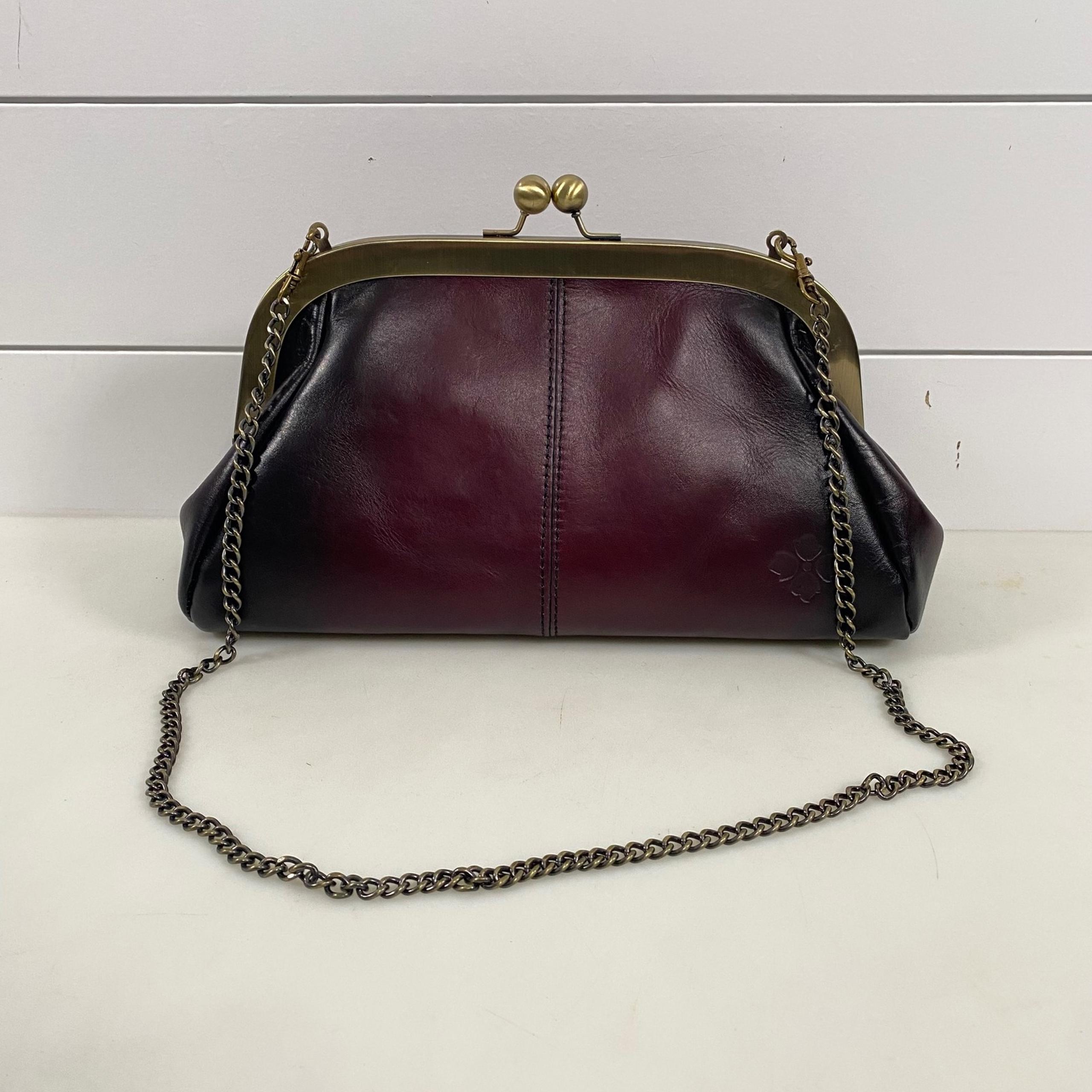 Patricia Nash Womens Mia Leather Satchel Maroon Chain Strap Kiss Lock Timeless